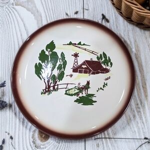 Vtg Brock of CA Harvest 11" Dinner Plate Farmhouse Brown Trim MCM Pottery Set 3